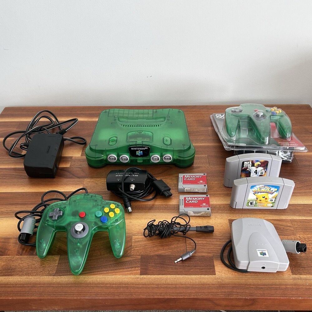 Nintendo 64 N64 Console Jungle Green expansion controllers rumble pak Games